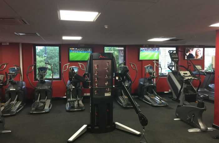 Cardio machines and resistance equipment beside the gym windows