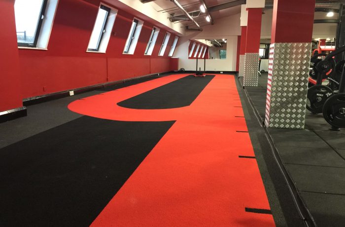 Sprint track beside the free weights area