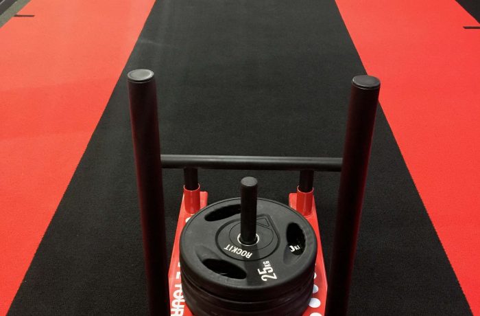 Weight plates loaded onto a training sled