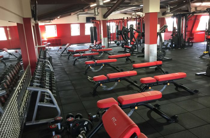 Dumbbell racks and adjustable benches in the free weights area