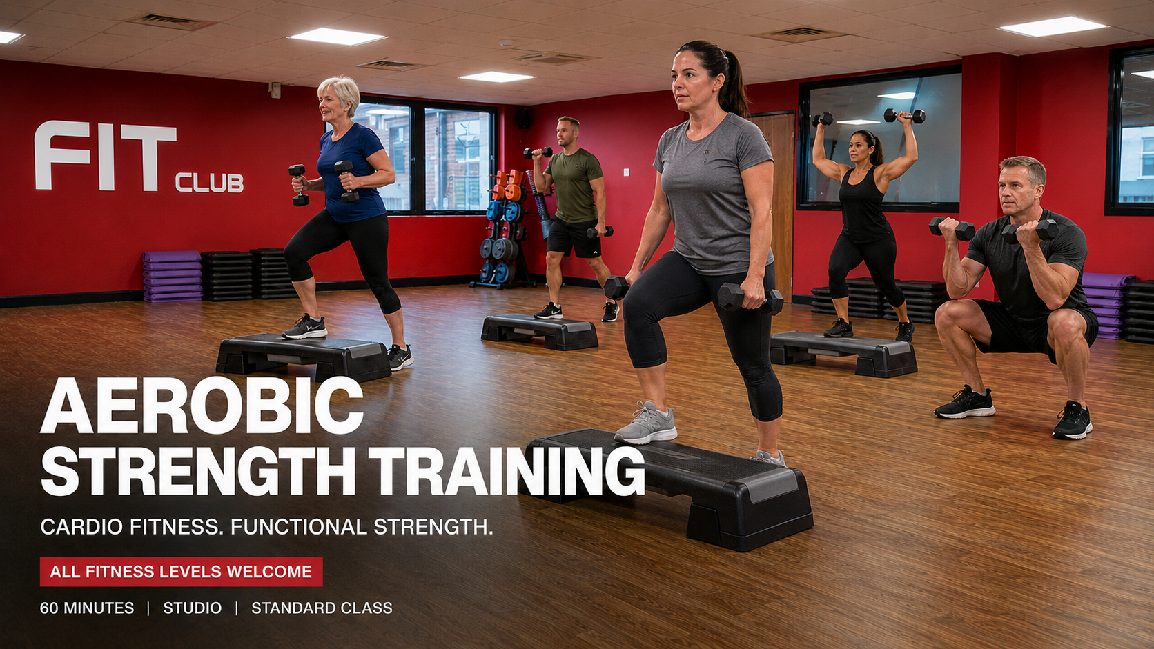 Aerobic Strength Training class at Fit Club, with five adults performing coordinated step aerobics and knee lifts using small hand weights.