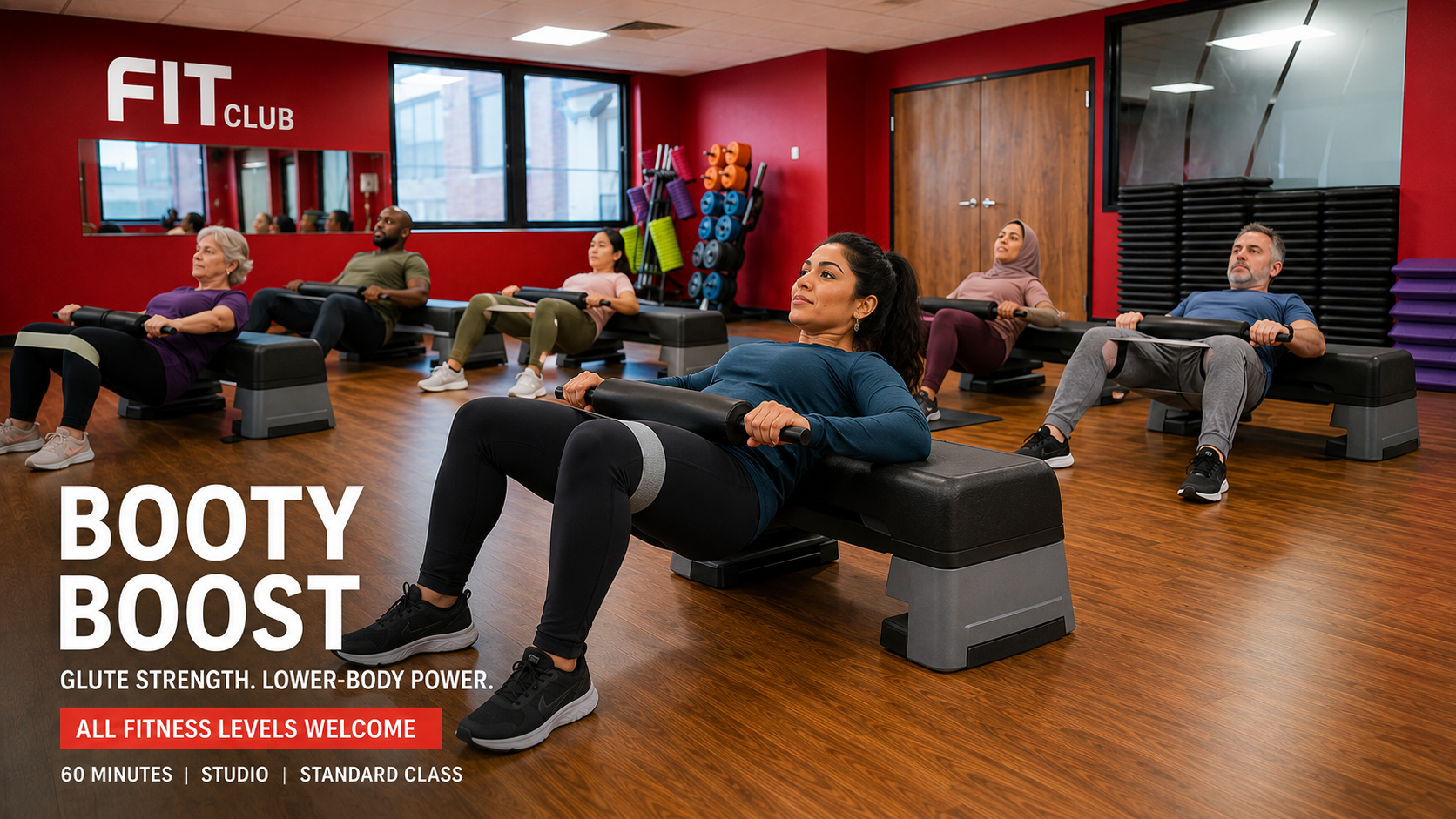 Members performing glute exercises during a Booty Boost class at Fit Club Northwood Hills