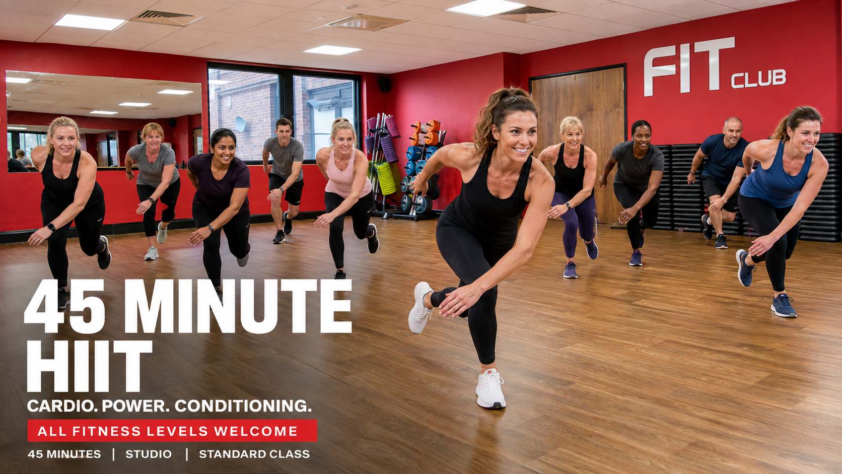 Members performing speed-skater exercises during a 45-minute HIIT class in the red-walled studio at Fit Club Northwood Hills.