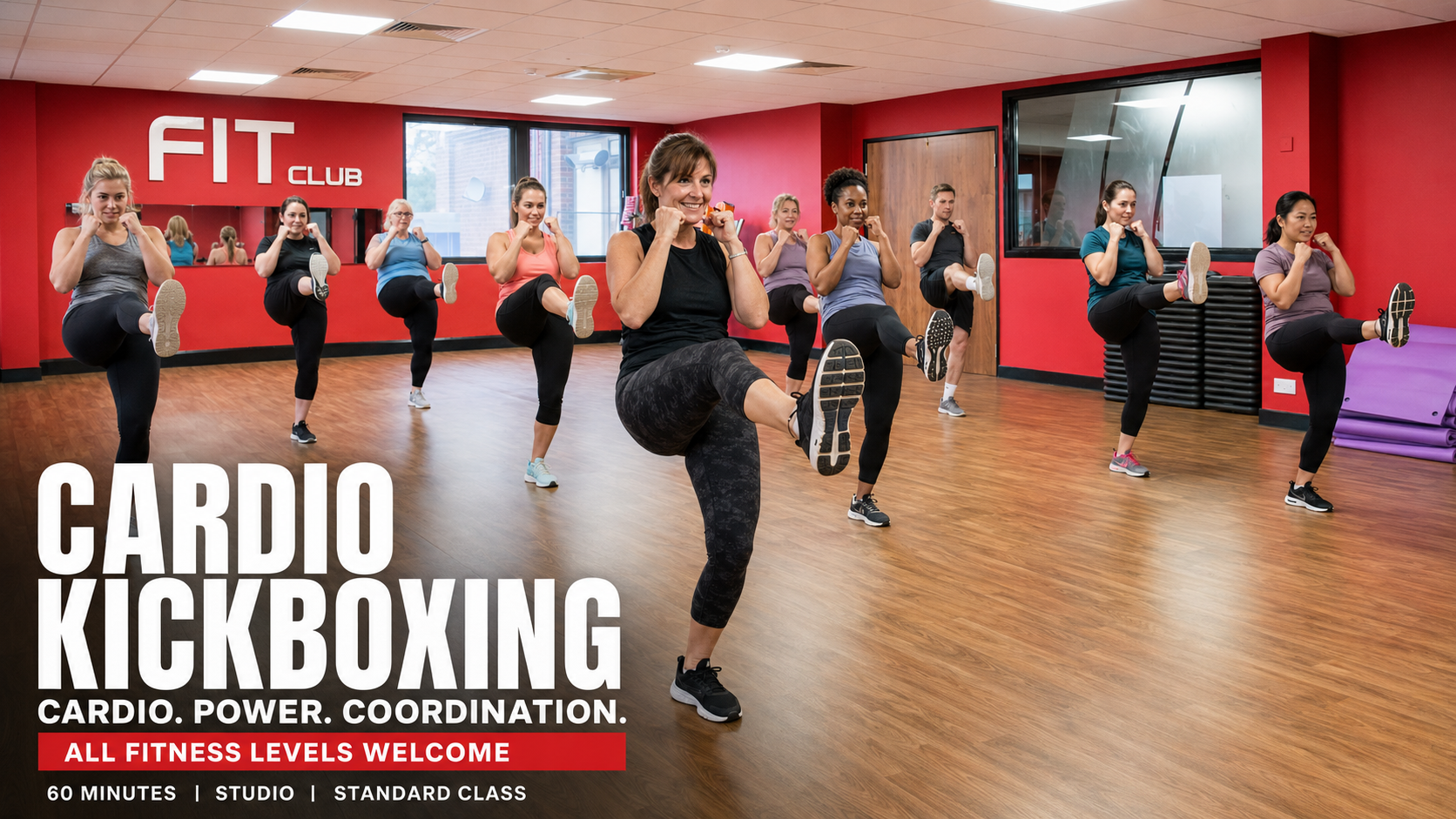 Members performing synchronized front kicks during a Cardio Kickboxing class in the red-walled studio at Fit Club Northwood Hills.