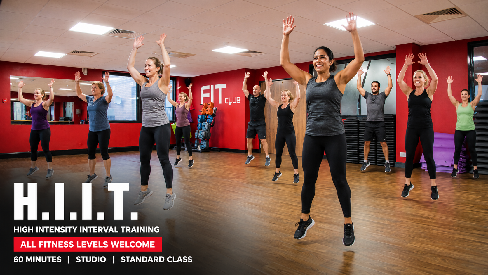 A mixed group of members performing synchronised jumps during a H.I.I.T. class at Fit Club Northwood Hills.