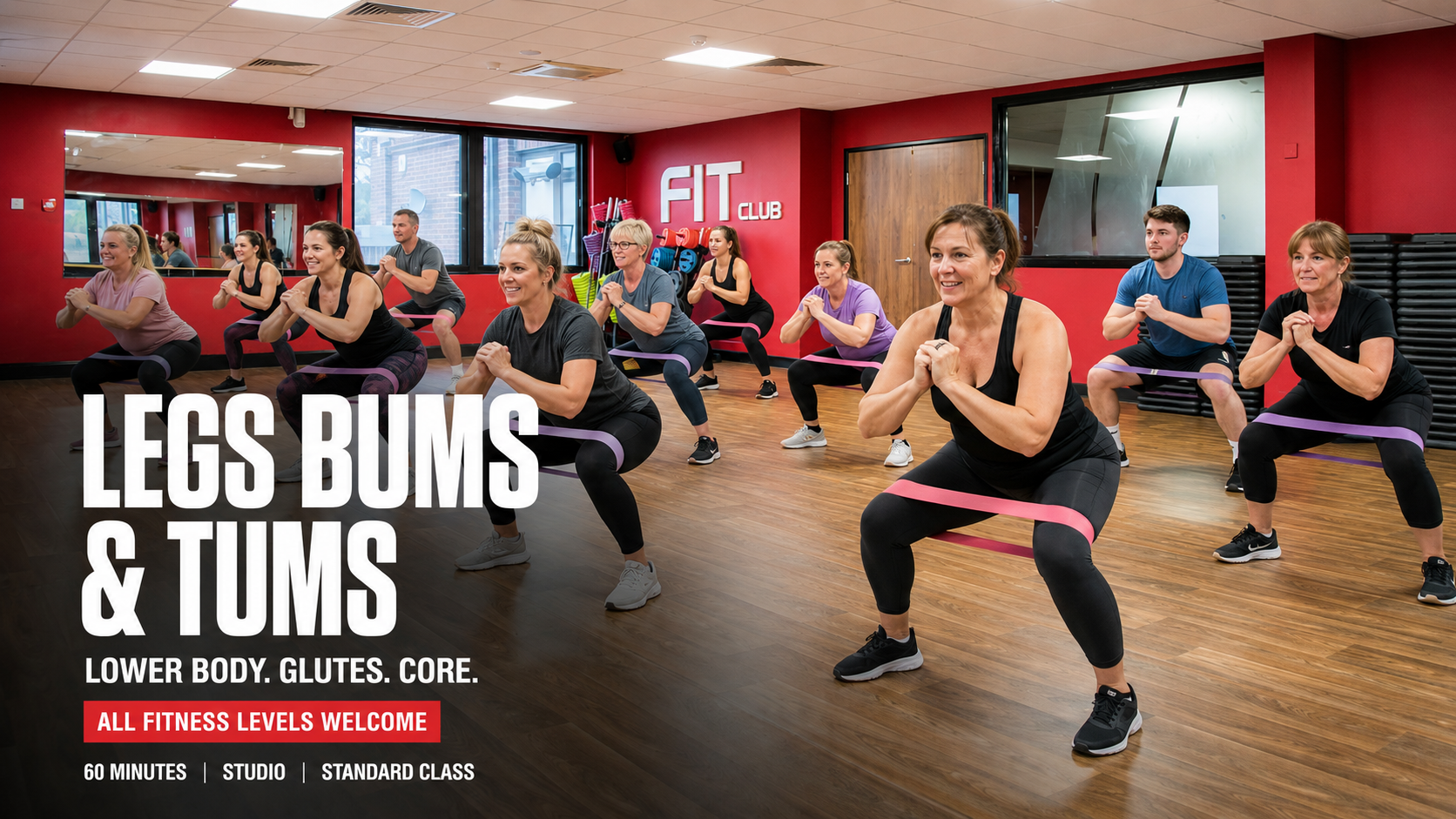 Members performing resistance-band squats during a Legs Bums and Tums class at Fit Club Northwood Hills.