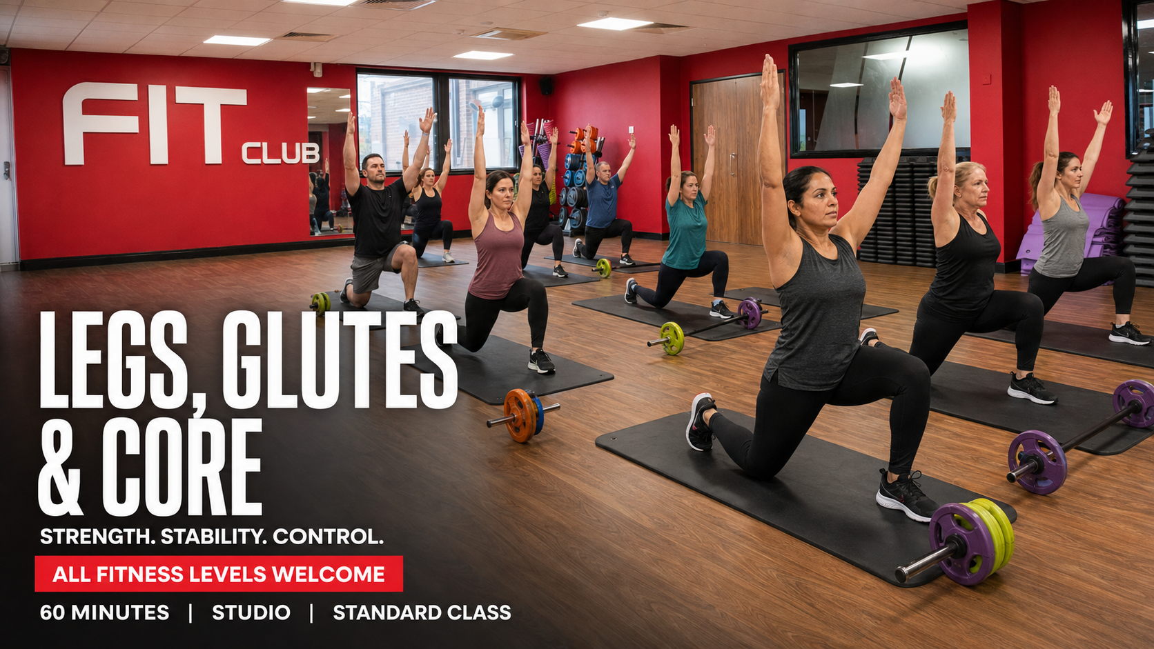 Members performing synchronised reverse lunges during a Legs, Glutes and Core class at Fit Club Northwood Hills.