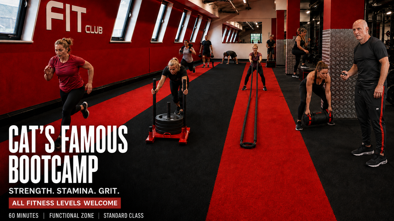 Trainer Catalin coaches members through sprinting, sled pushes, battle ropes and strength stations during Cat’s Famous Bootcamp at Fit Club Northwood Hills.