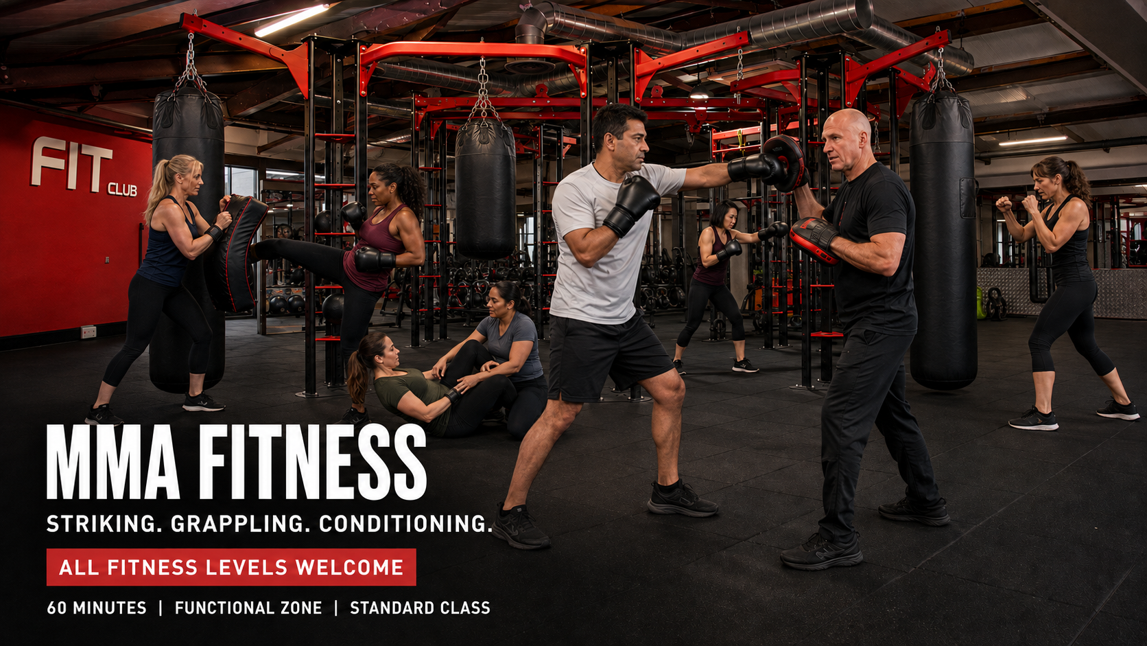 MMA Fitness class at Fit Club, with Catalin coaching focus-pad boxing while members practise kick-shield drills, grappling, heavy-bag work and shadowboxing in the Functional Zone.
