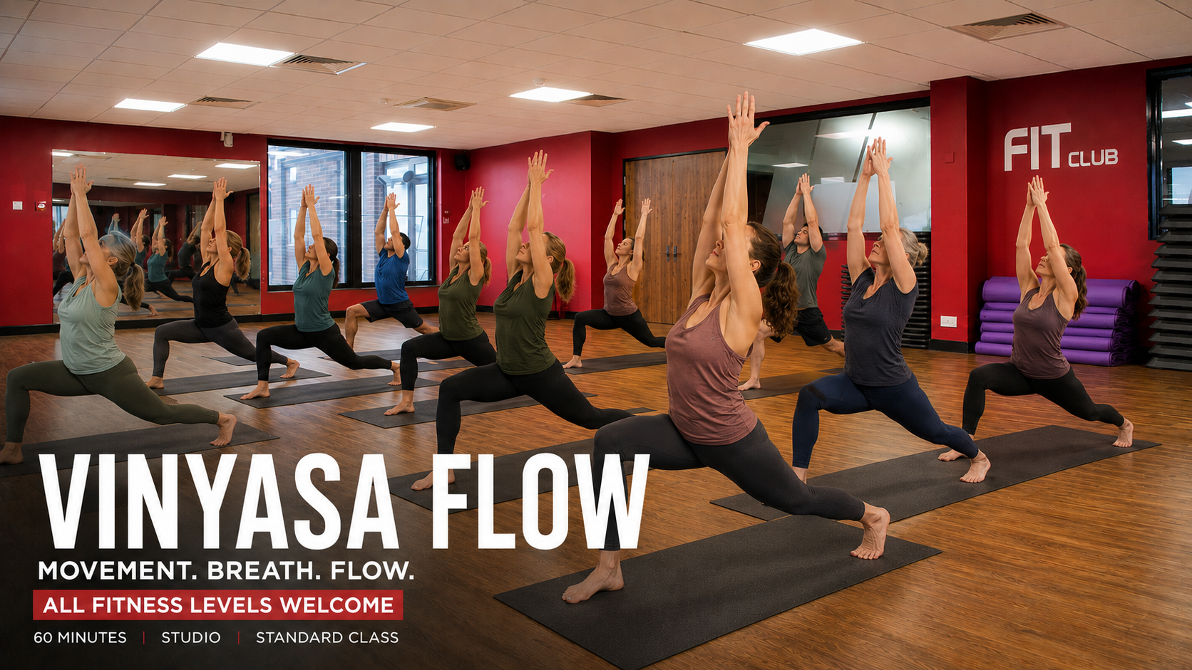 Members taking part in a Yoga Vinyasa Flow class at Fit Club Northwood Hills