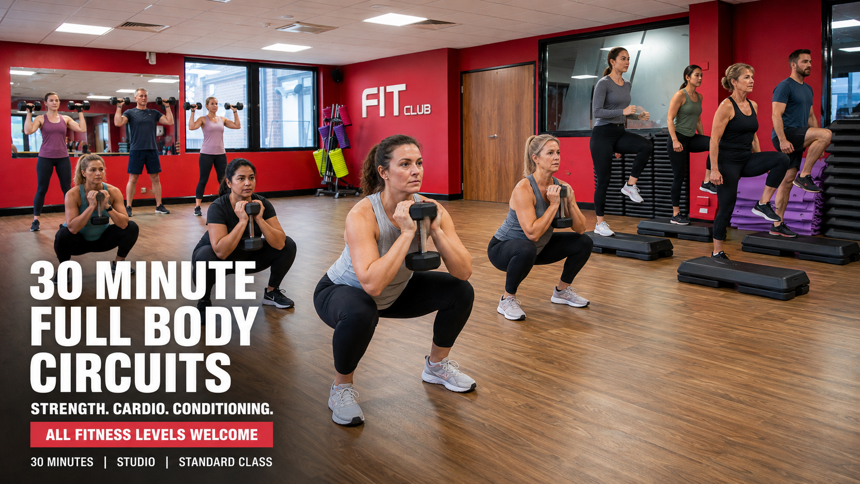 Adults performing goblet squats, dumbbell presses and step-ups during a 30-minute Full Body Circuits class at Fit Club Northwood Hills.