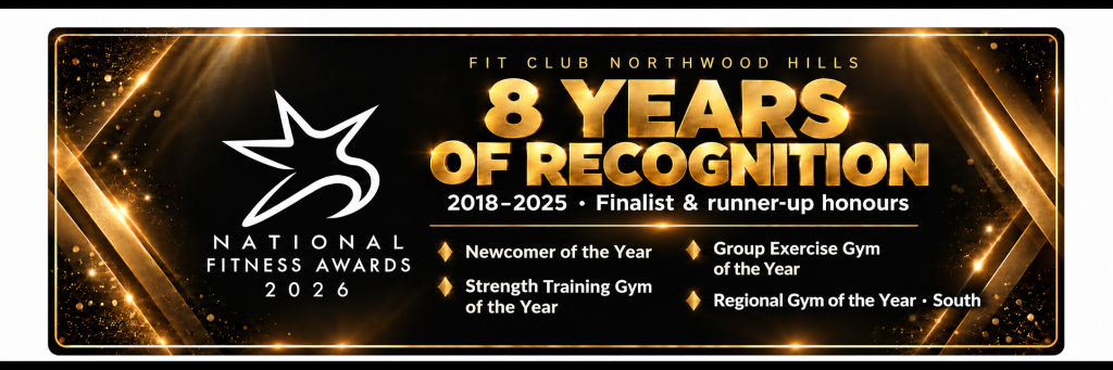 Fit Club Northwood Hills: eight years of National Fitness Awards recognition, 2018–2025, and 2026 Regional Gym of the Year South finalist.