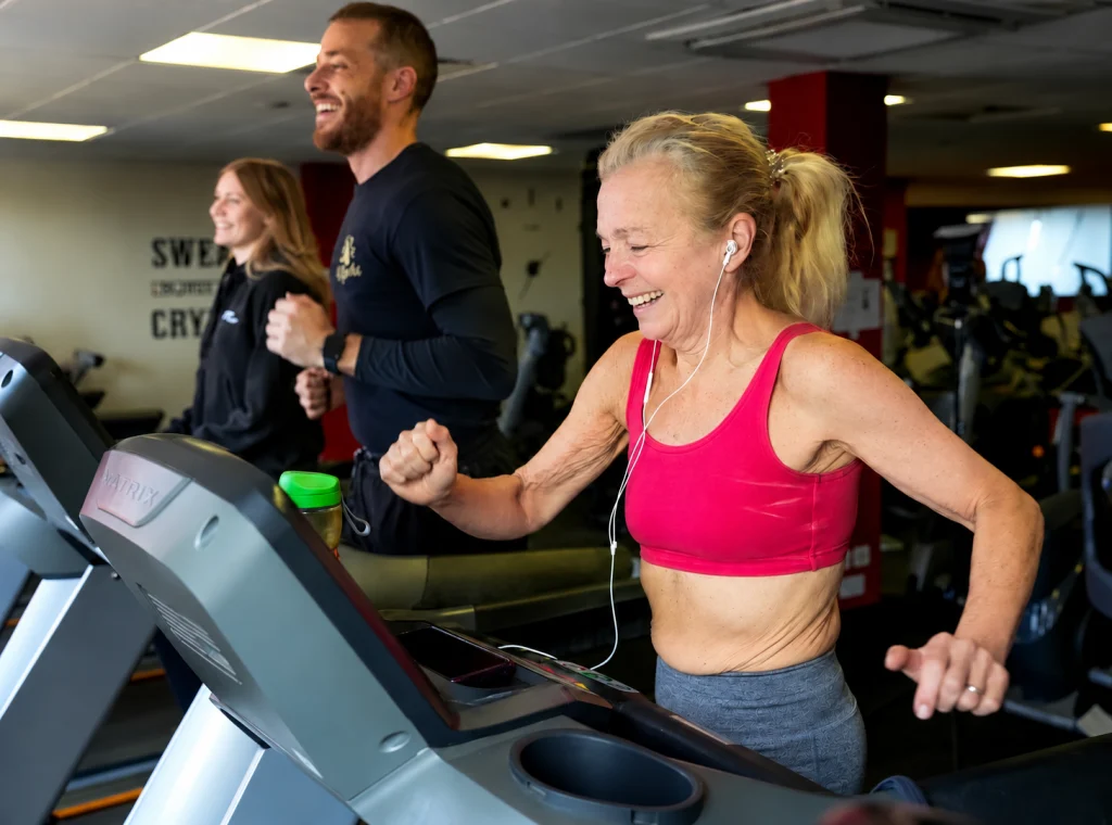 Older woman running on a treadmill at Fit Club Northwood Hills